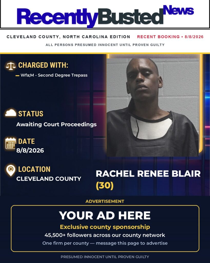 RACHEL RENEE BLAIR — arrest record card, Cleveland County