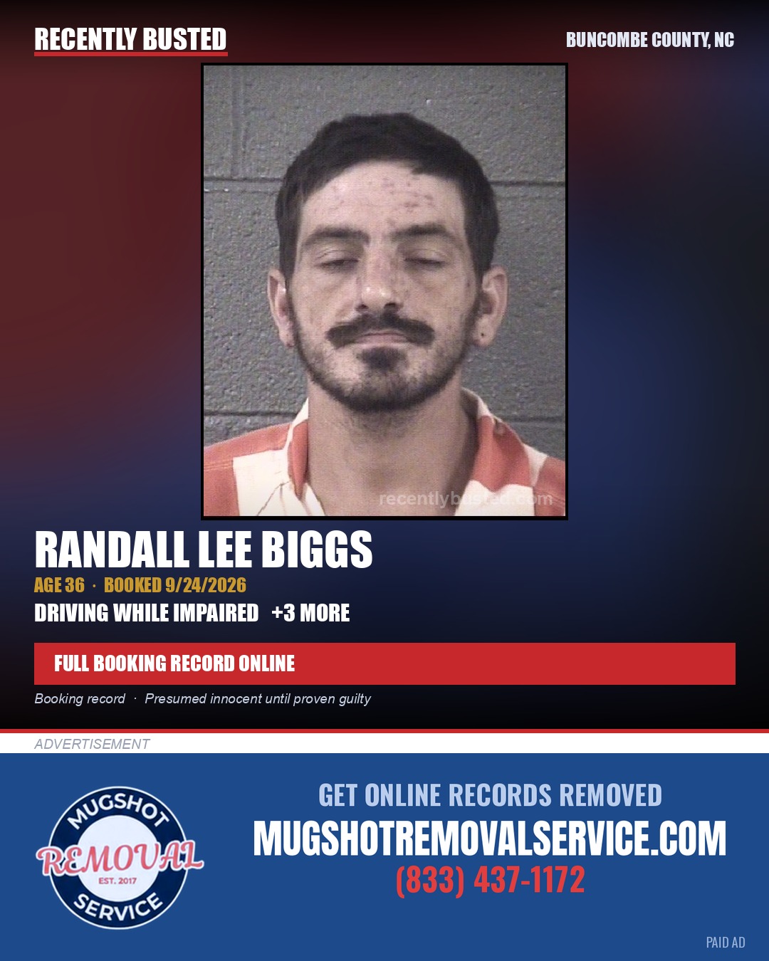 RANDALL LEE BIGGS — arrest record card, Buncombe County, North Carolina