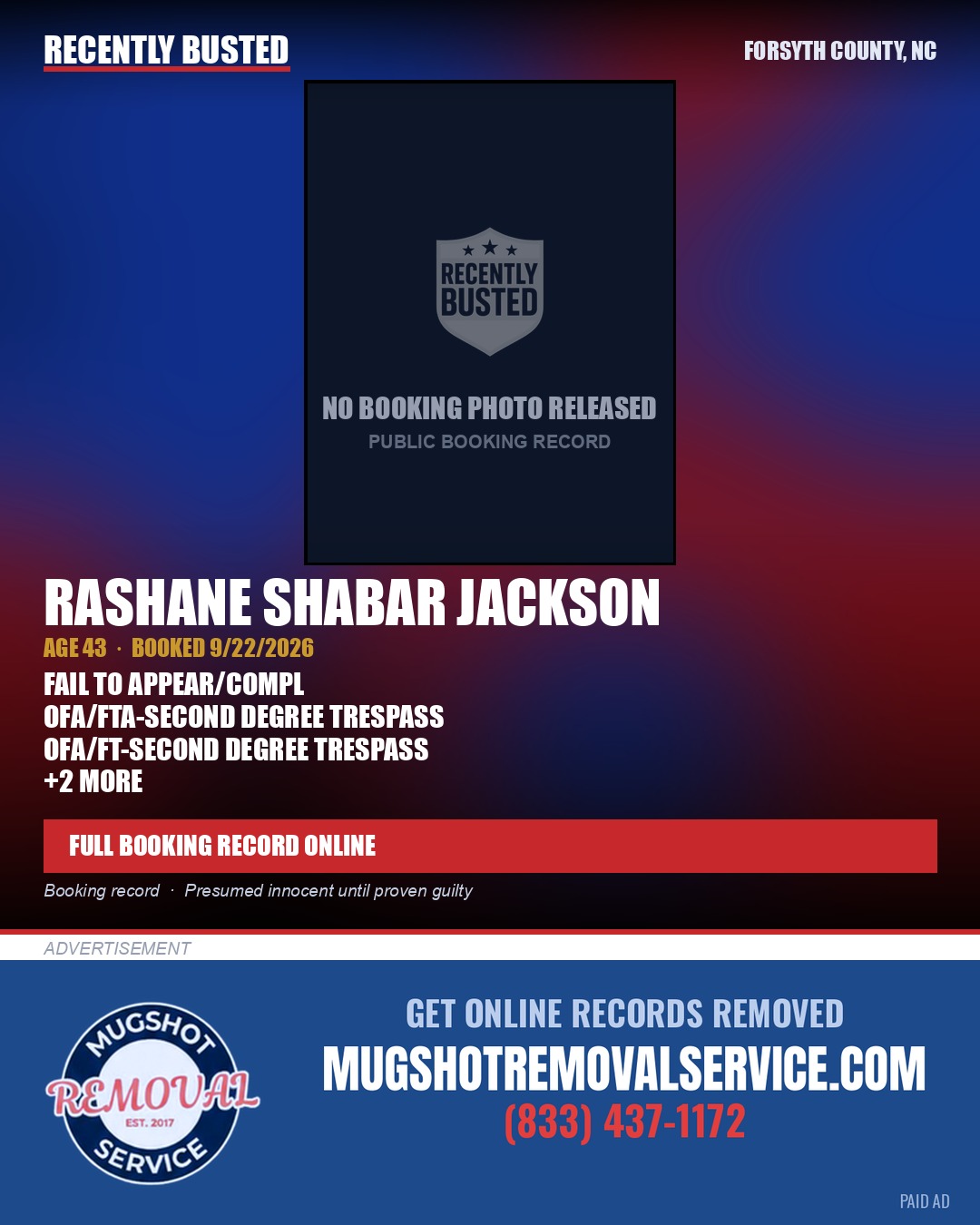 RASHANE SHABAR JACKSON — arrest record card, Forsyth County, North Carolina