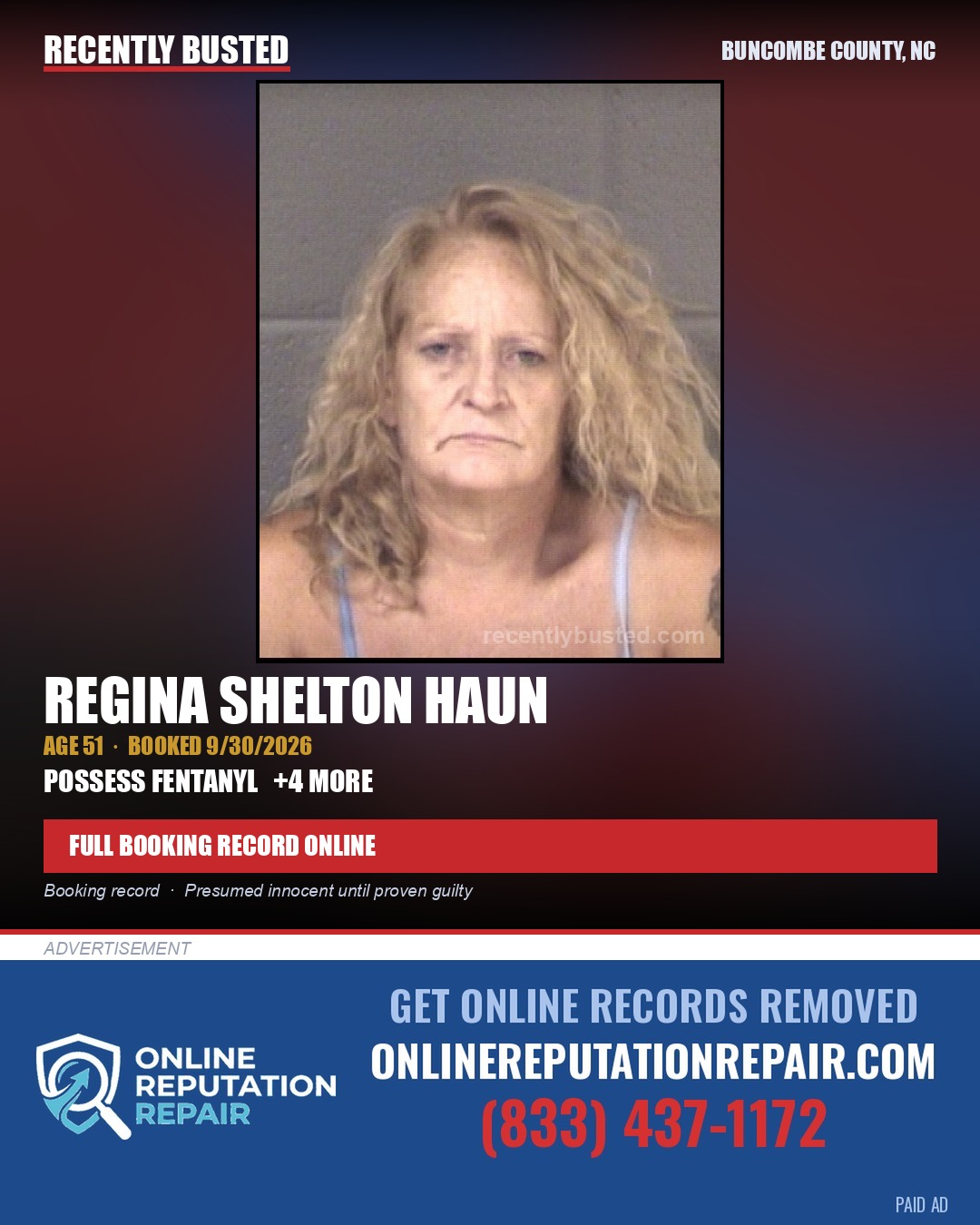 REGINA SHELTON HAUN — arrest record card, Buncombe County, North Carolina
