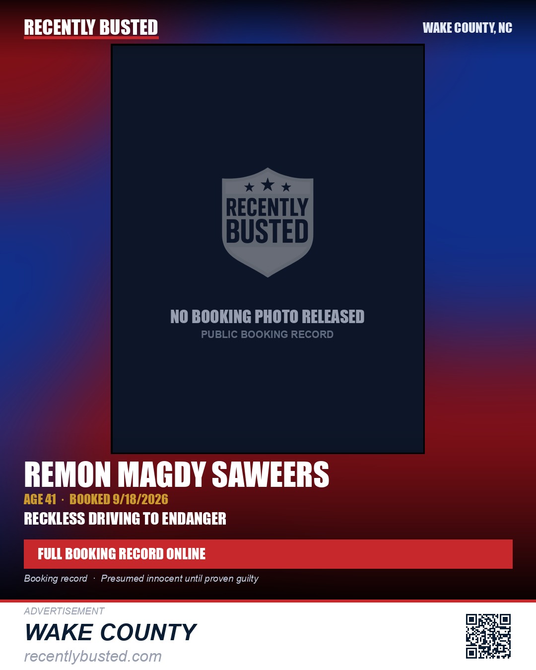 REMON MAGDY SAWEERS — arrest record card, Wake County, North Carolina