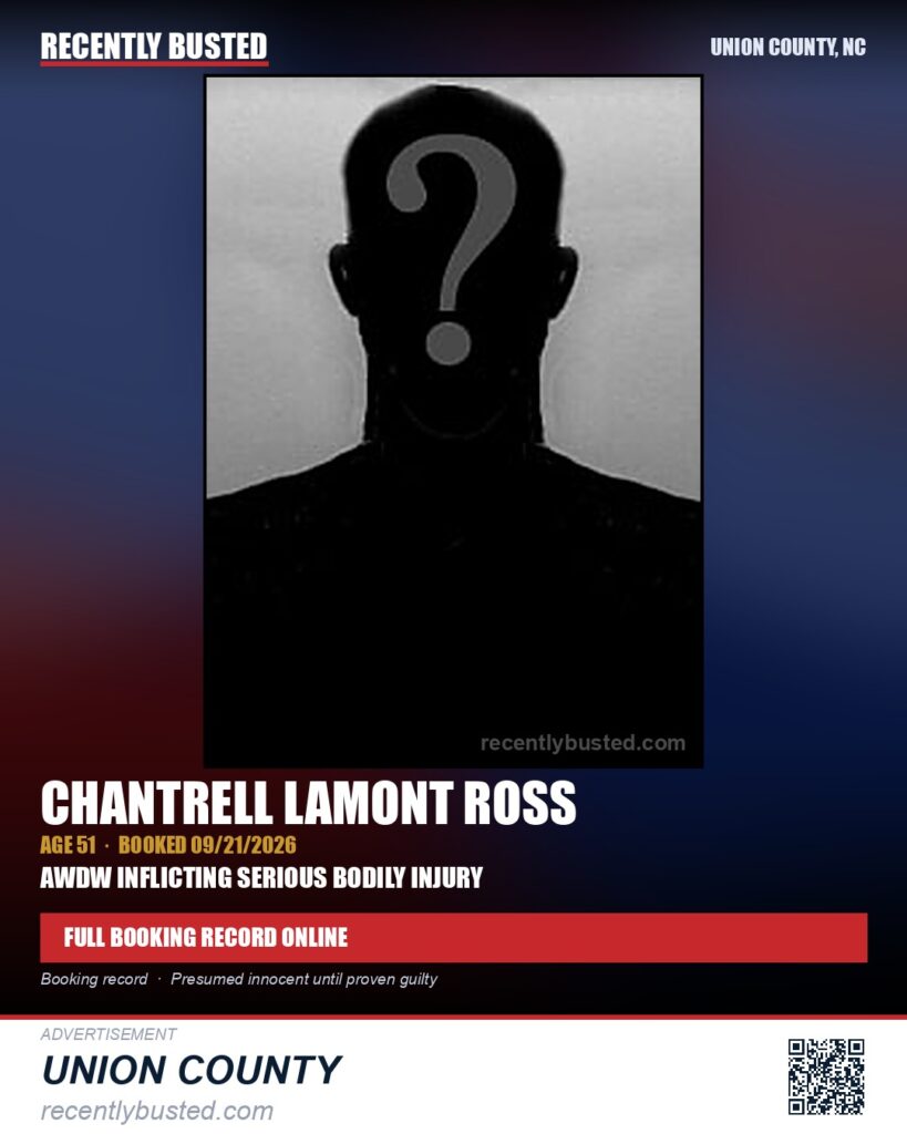 ROSS, CHANTRELL LAMONT — arrest record card, Union County, North Carolina