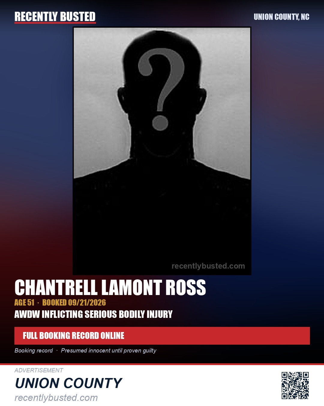 ROSS, CHANTRELL LAMONT — arrest record card, Union County, North Carolina
