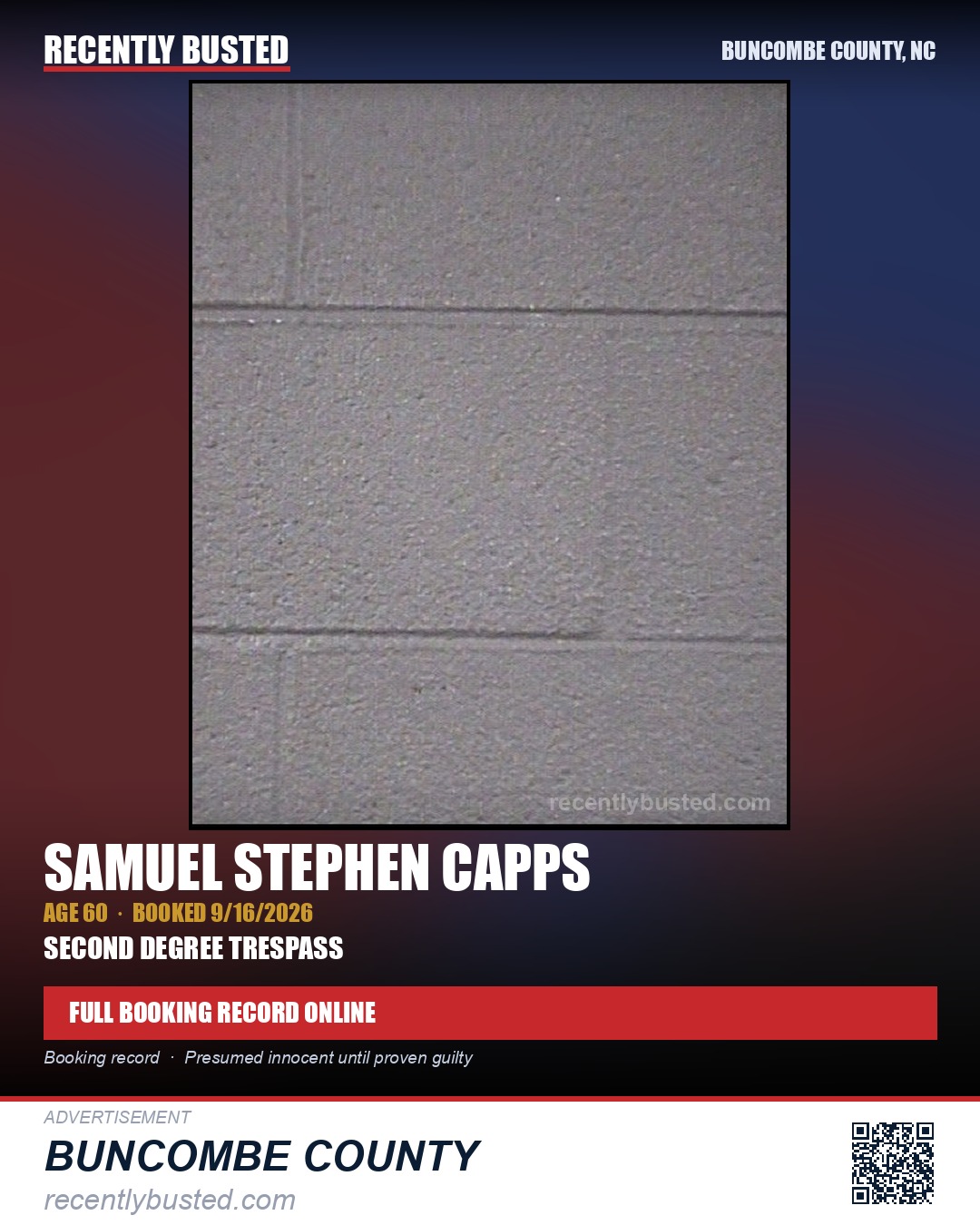 SAMUEL STEPHEN CAPPS — arrest record card, Buncombe County, North Carolina