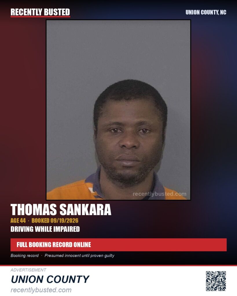 SANKARA, THOMAS — arrest record card, Union County, North Carolina