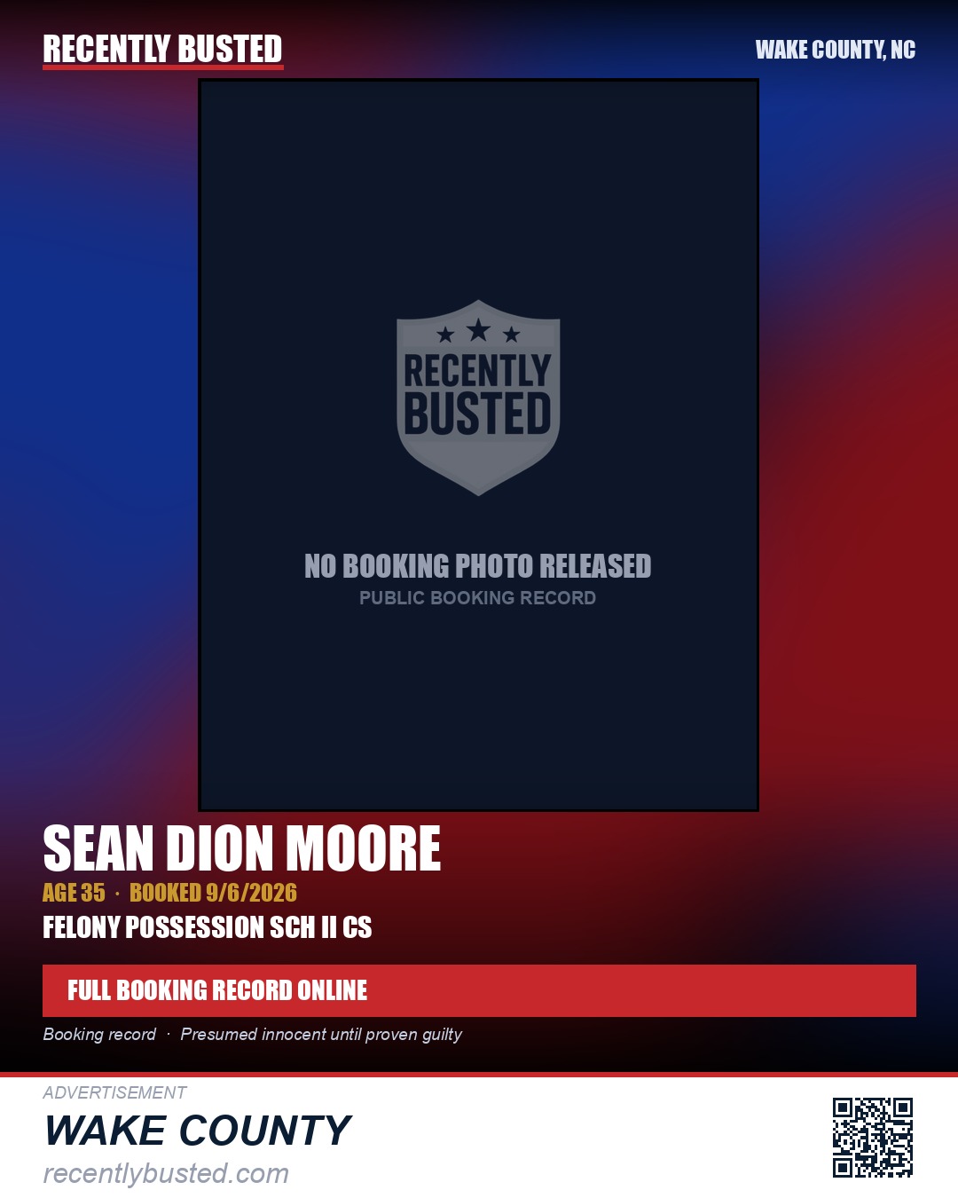 SEAN DION MOORE — arrest record card, Wake County, North Carolina