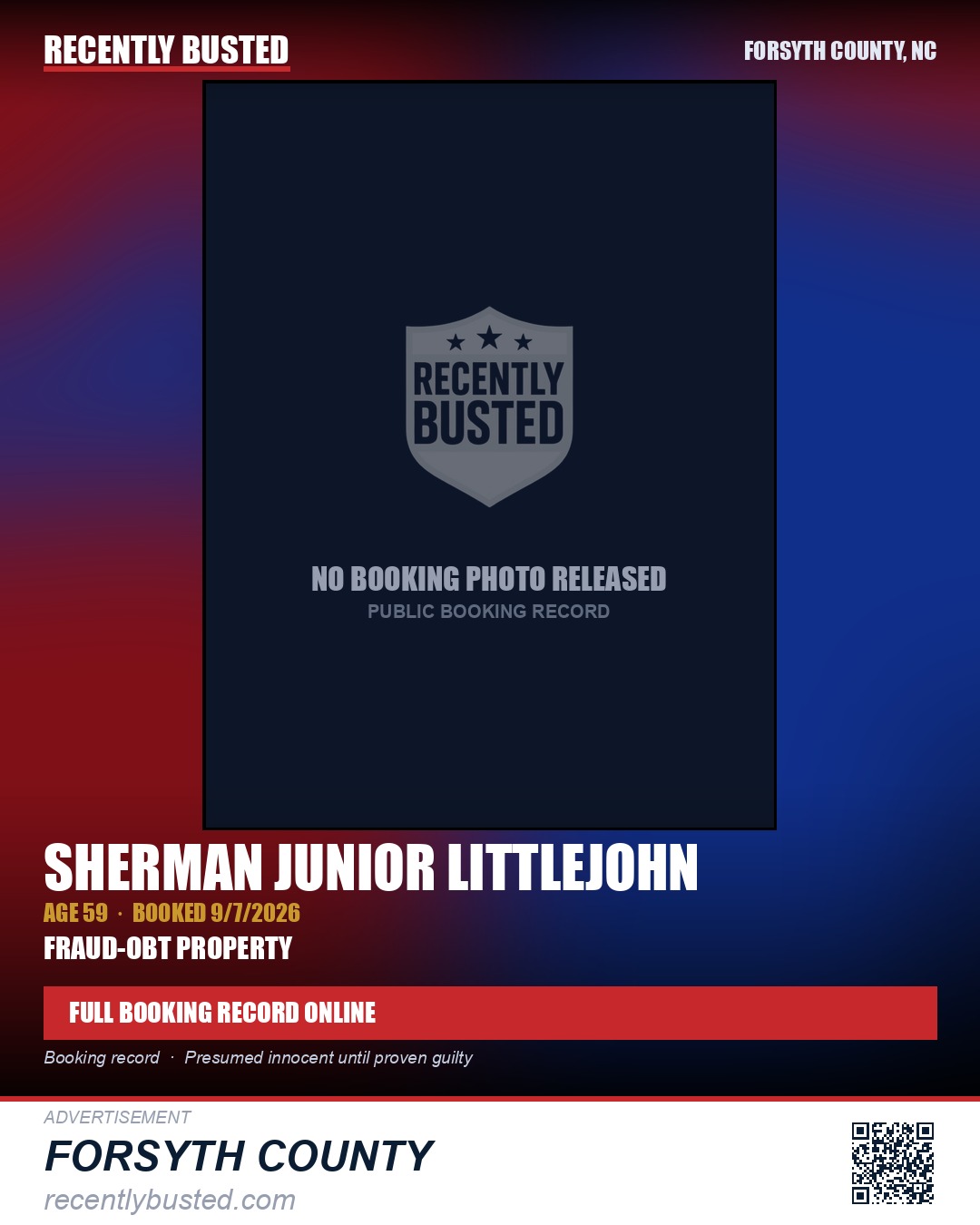 SHERMAN JUNIOR LITTLEJOHN — arrest record card, Forsyth County, North Carolina