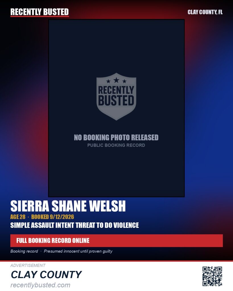 SIERRA SHANE WELSH — arrest record card, Clay County, Florida