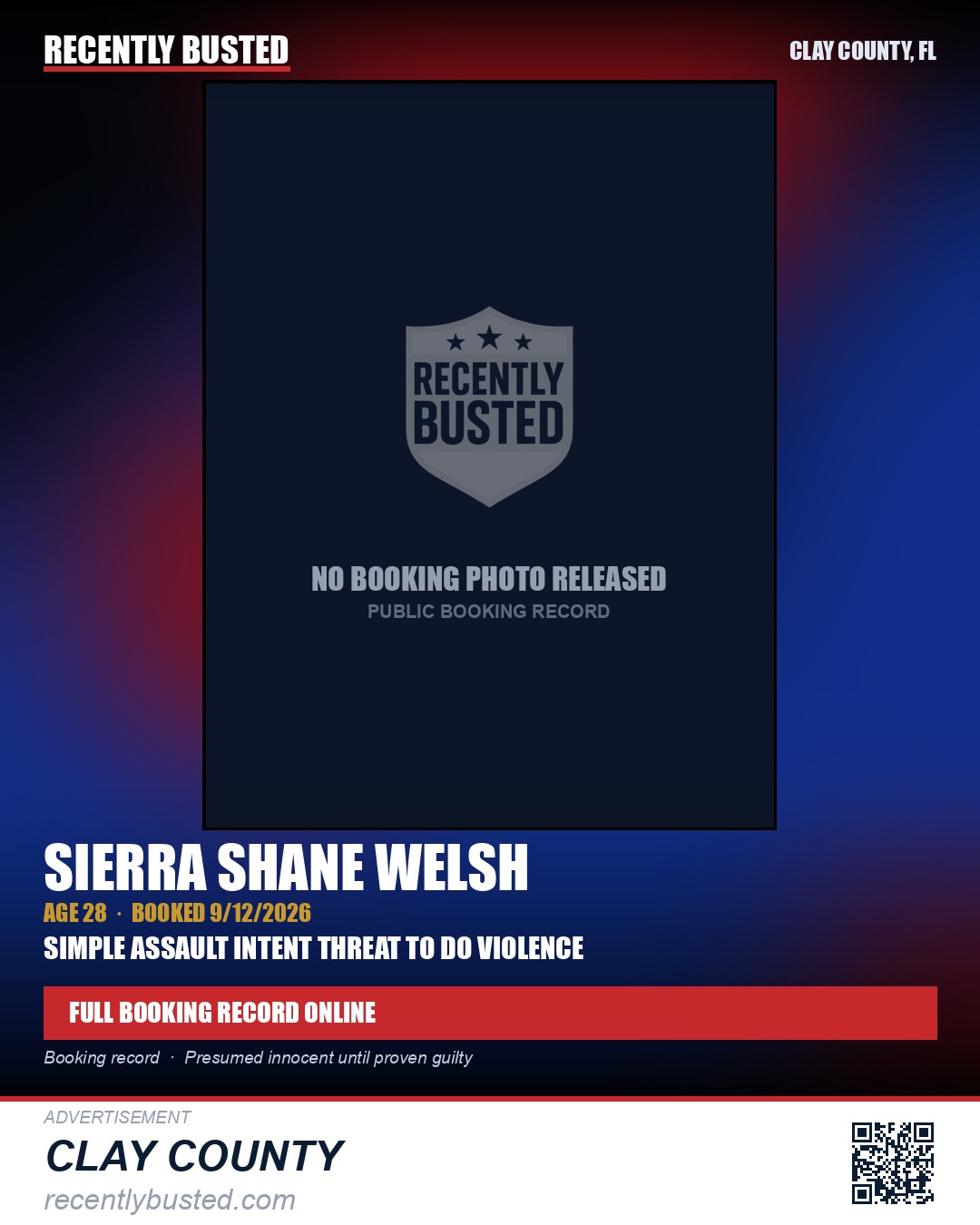 SIERRA SHANE WELSH — arrest record card, Clay County, Florida