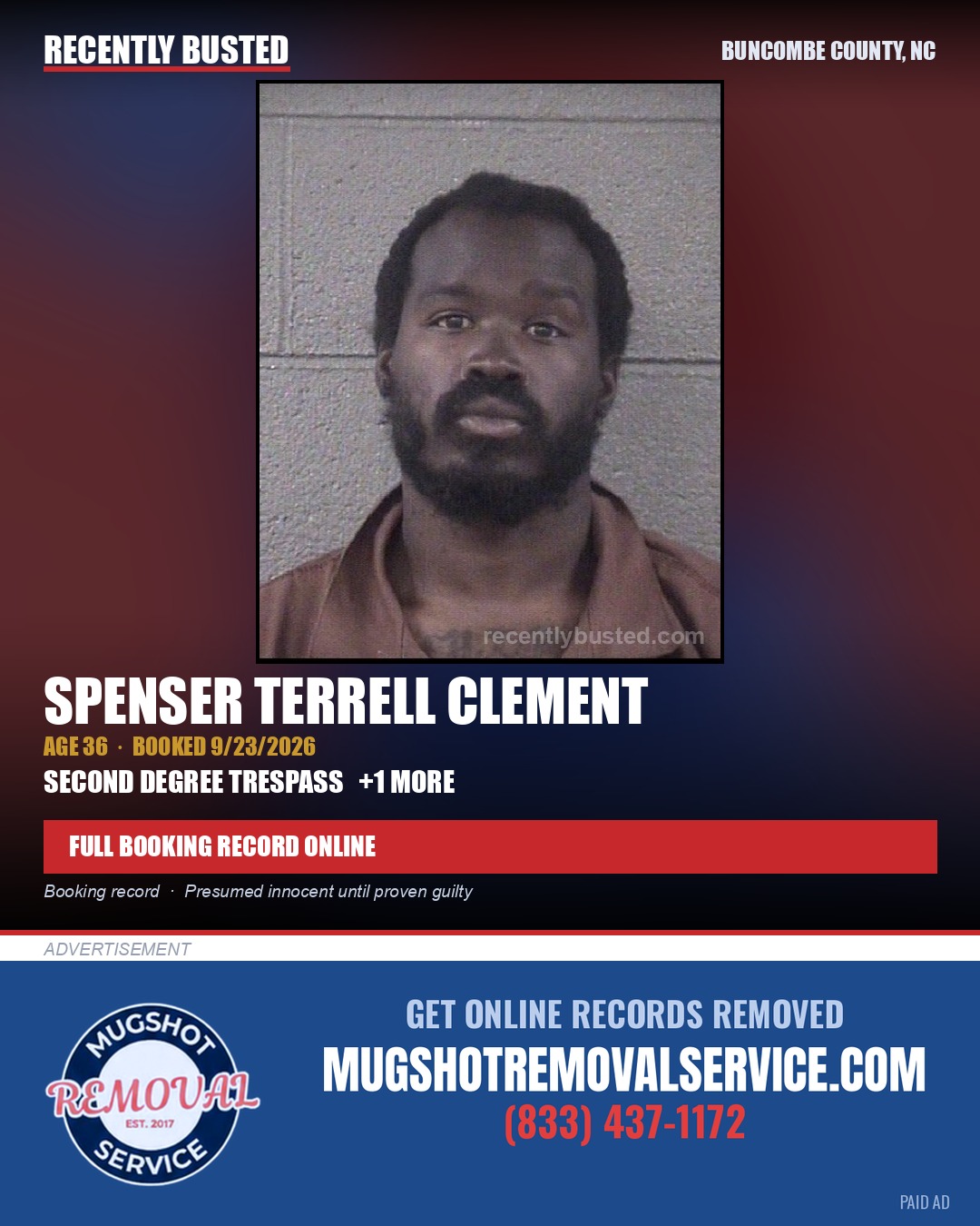 SPENSER TERRELL CLEMENT — arrest record card, Buncombe County, North Carolina