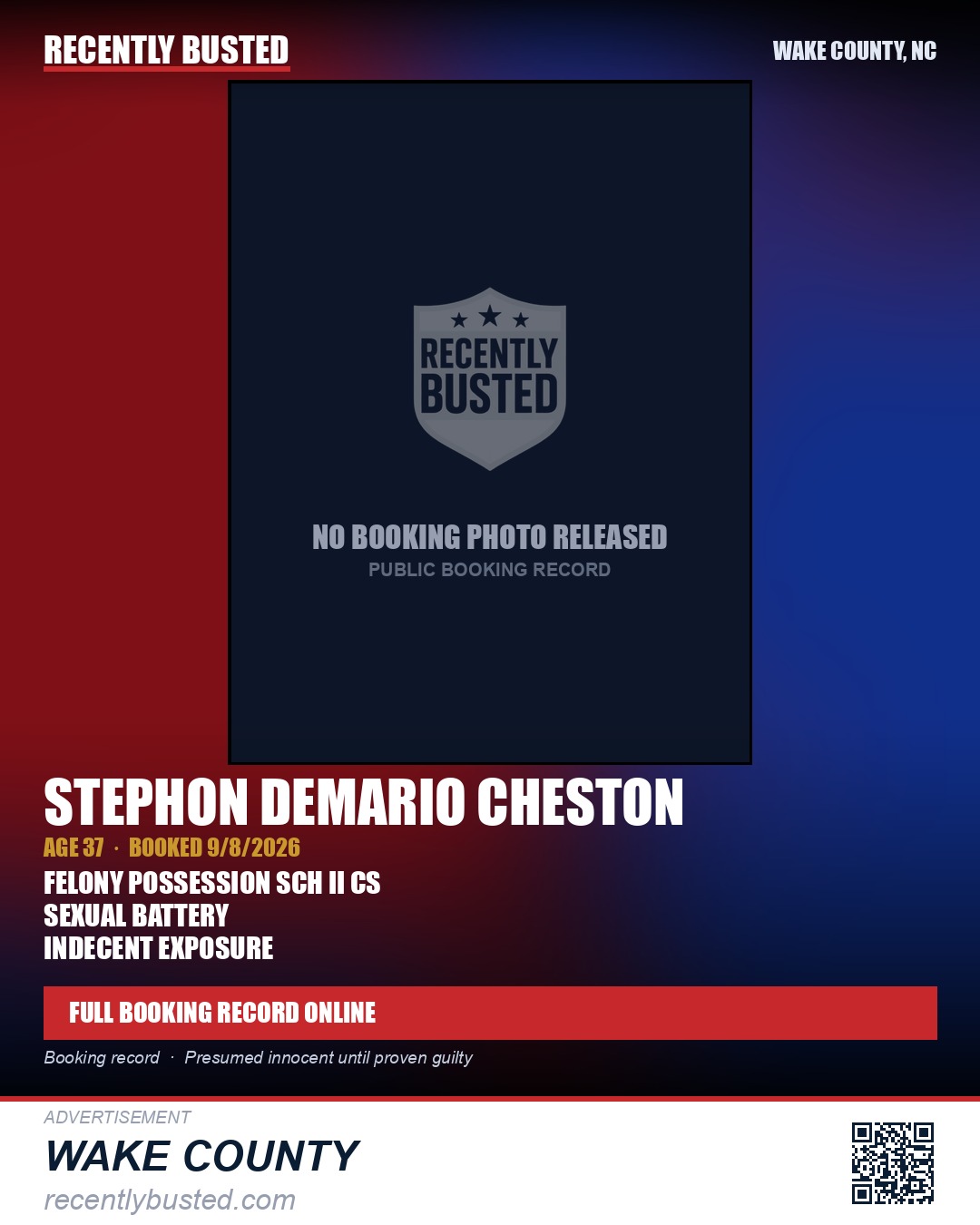 STEPHON DEMARIO CHESTON — arrest record card, Wake County, North Carolina