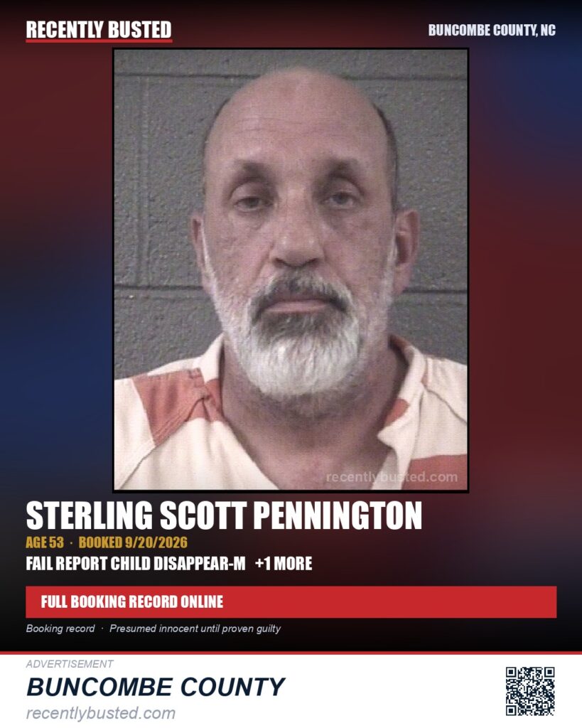 STERLING SCOTT PENNINGTON — arrest record card, Buncombe County, North Carolina