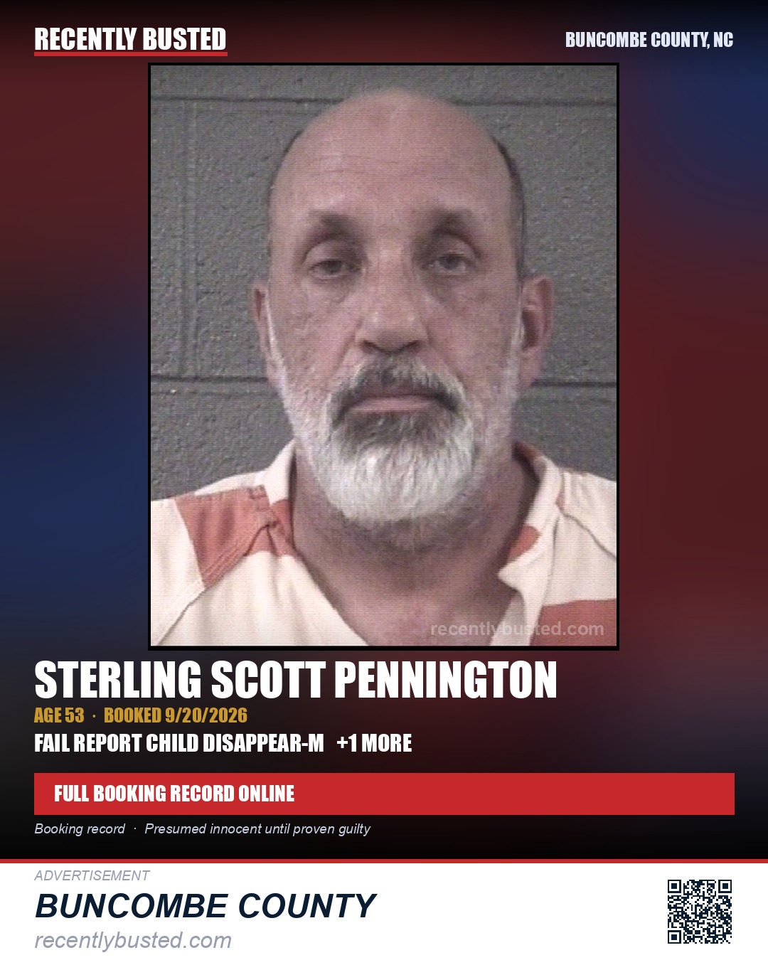 STERLING SCOTT PENNINGTON — arrest record card, Buncombe County, North Carolina