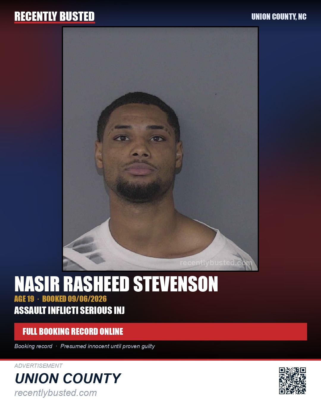 STEVENSON, NASIR RASHEED — arrest record card, Union County, North Carolina