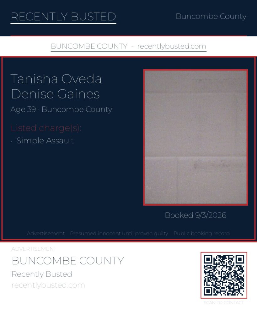 TANISHA OVEDA DENISE GAINES — arrest record card, Buncombe County, North Carolina