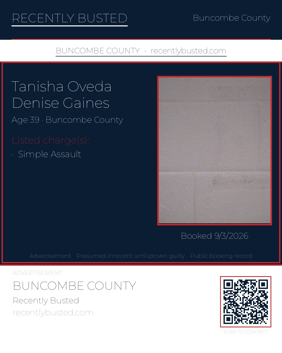 TANISHA OVEDA DENISE GAINES — arrest record card, Buncombe County, North Carolina
