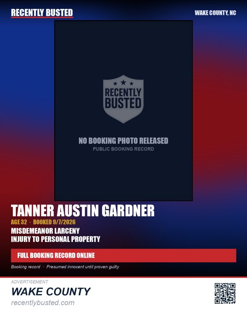 TANNER AUSTIN GARDNER — arrest record card, Wake County, North Carolina