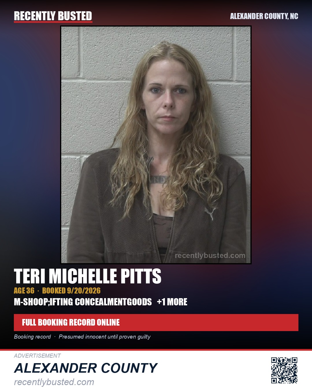 TERI MICHELLE PITTS — arrest record card, Alexander County, North Carolina