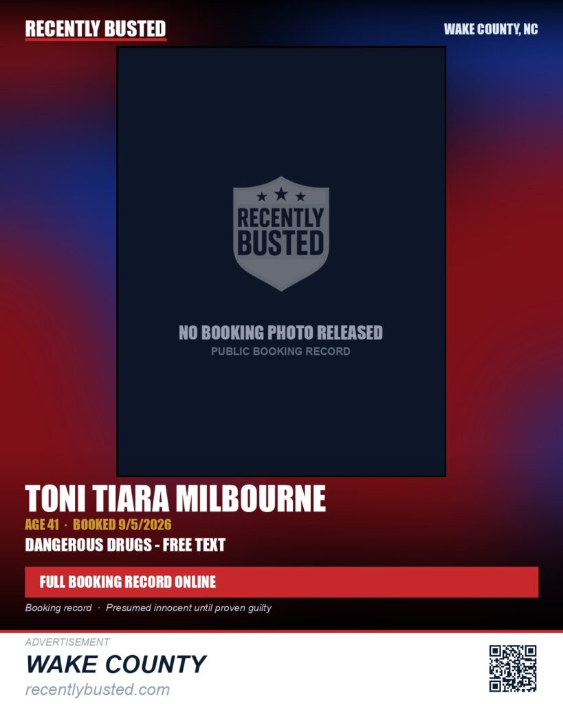 TONI TIARA MILBOURNE — arrest record card, Wake County, North Carolina