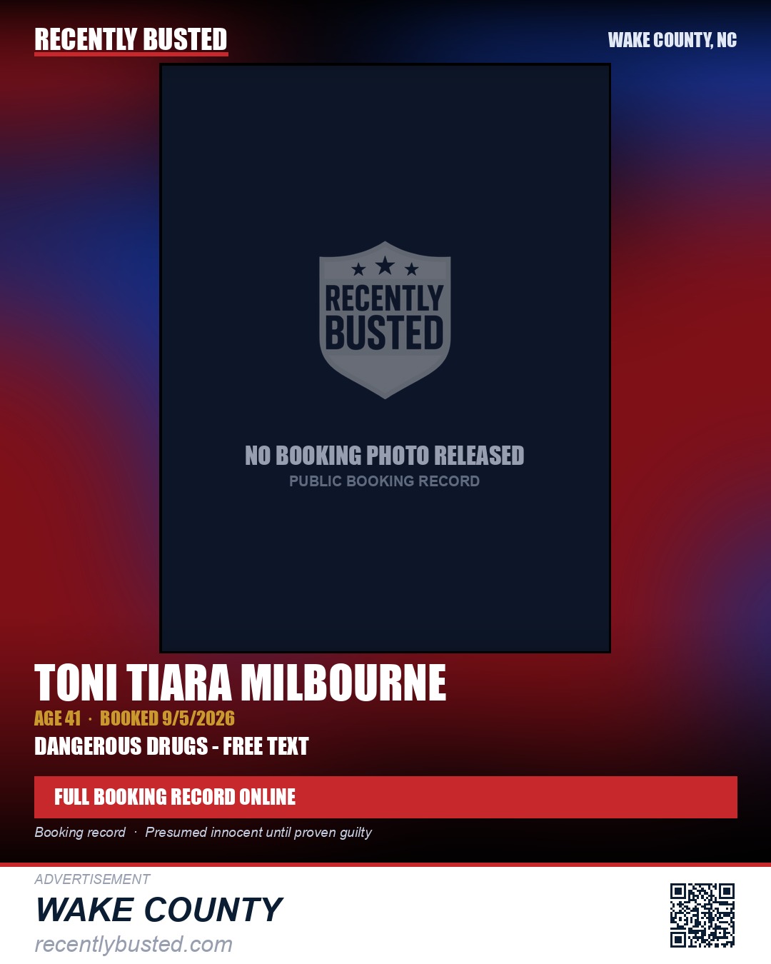 TONI TIARA MILBOURNE — arrest record card, Wake County, North Carolina