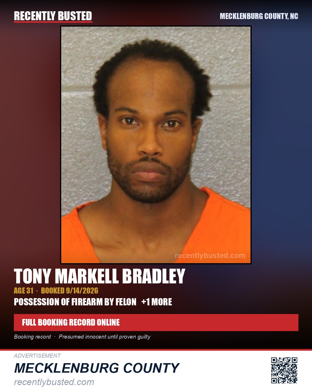 TONY MARKELL BRADLEY — arrest record card, Mecklenburg County, North Carolina