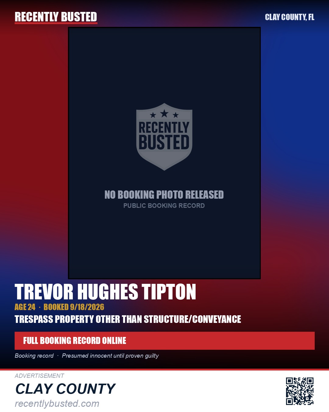 TREVOR HUGHES TIPTON — arrest record card, Clay County, Florida