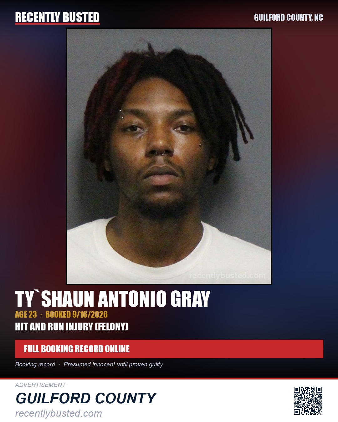 TY`SHAUN ANTONIO GRAY — arrest record card, Guilford County, North Carolina