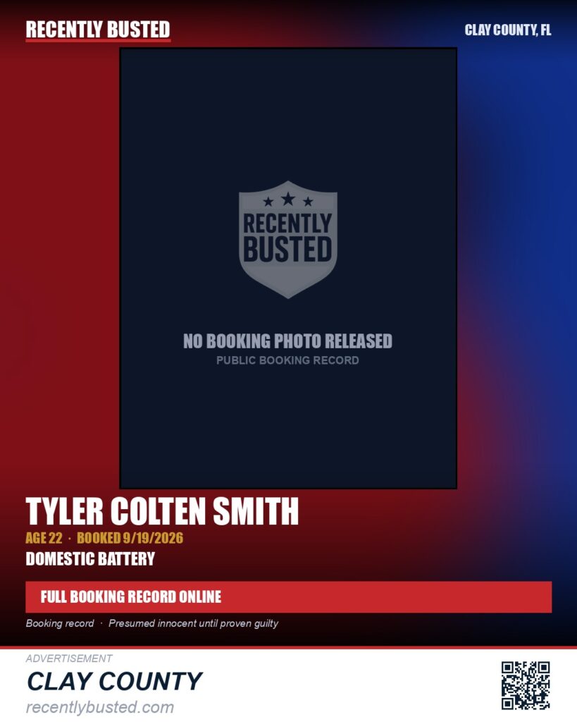 TYLER COLTEN SMITH — arrest record card, Clay County, Florida