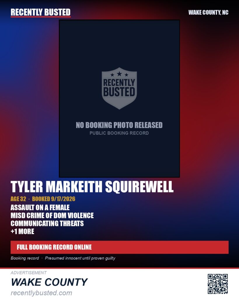 TYLER MARKEITH SQUIREWELL — arrest record card, Wake County, North Carolina