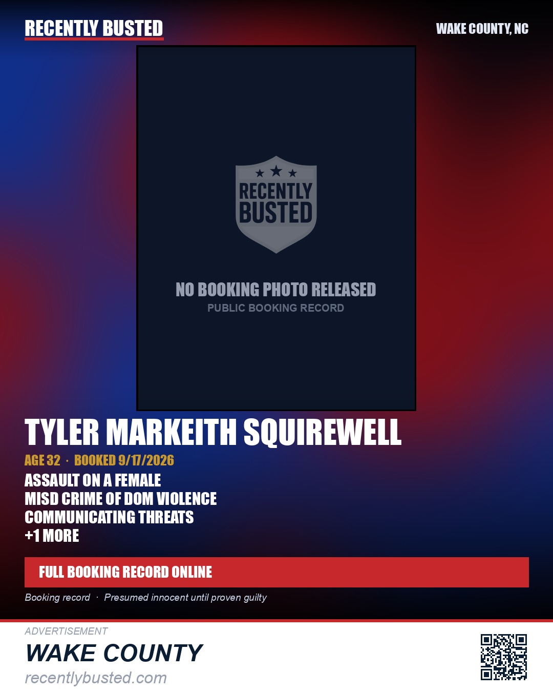 TYLER MARKEITH SQUIREWELL — arrest record card, Wake County, North Carolina