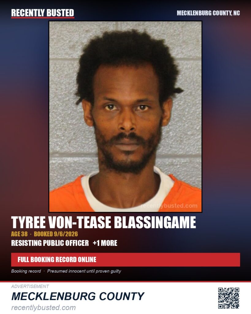 TYREE VON-TEASE BLASSINGAME — arrest record card, Mecklenburg County, North Carolina