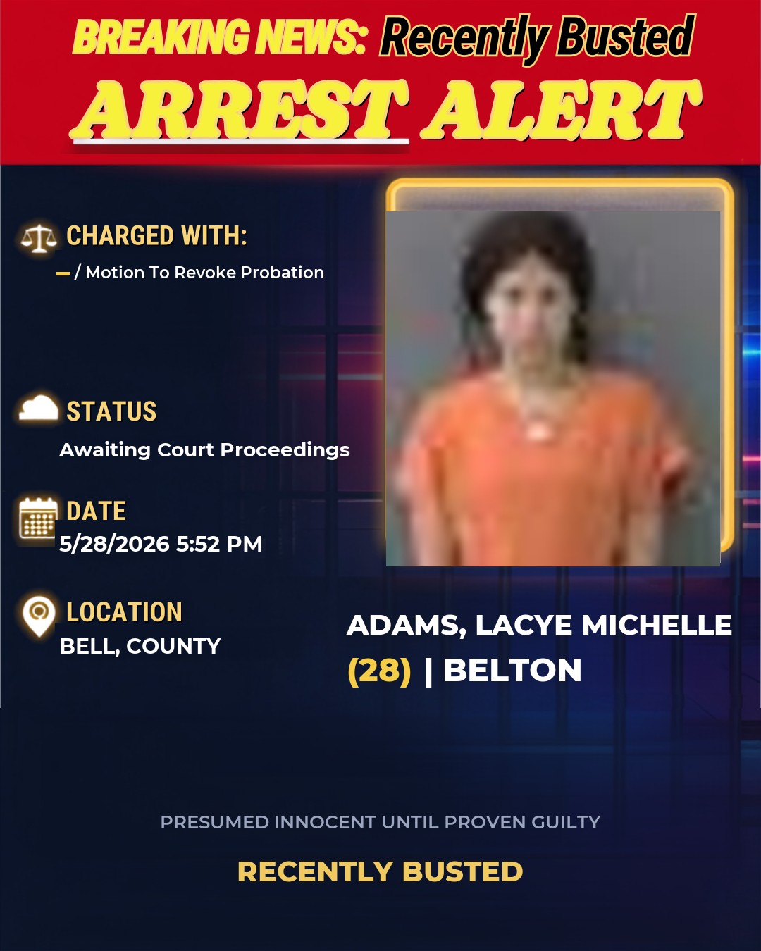 ADAMS, LACYE MICHELLE — arrest record card, Bell County