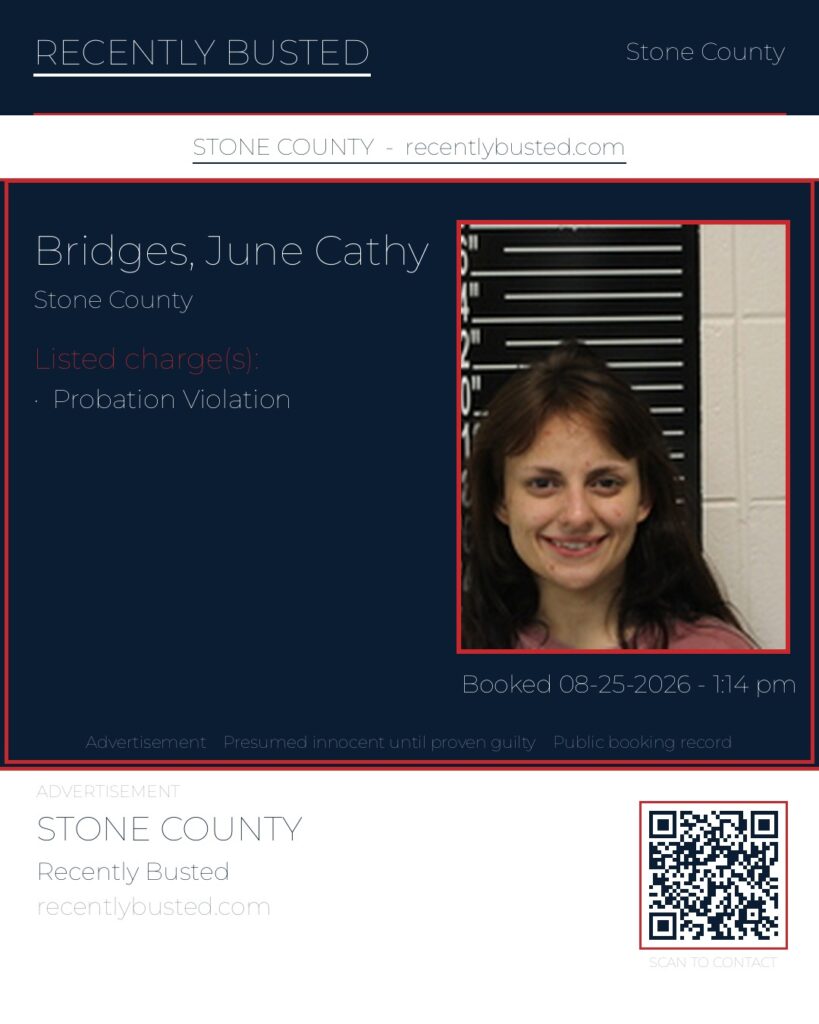 Bridges, June Cathy — arrest record card, Stone County