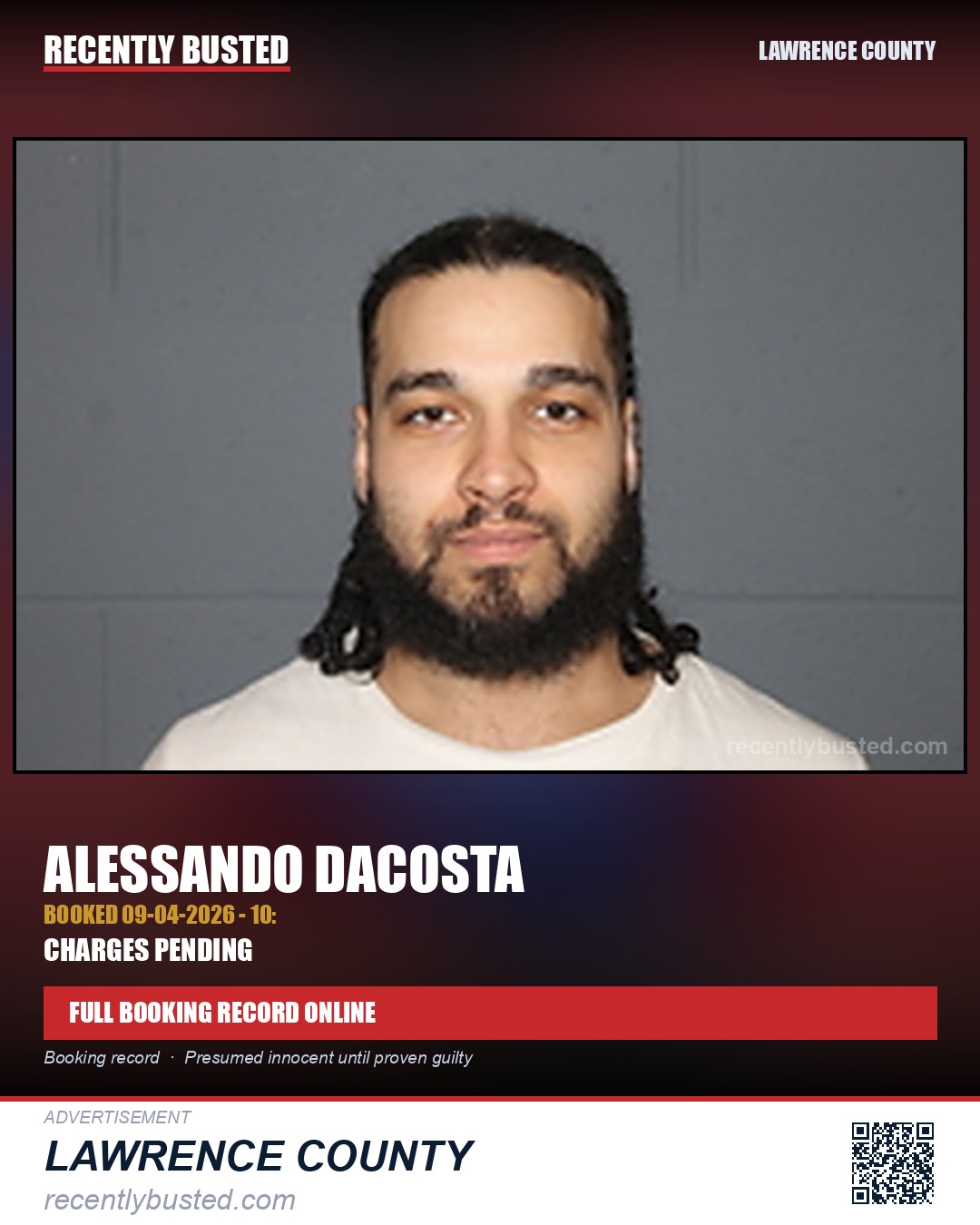 DACOSTA, ALESSANDO — arrest record card, Lawrence County
