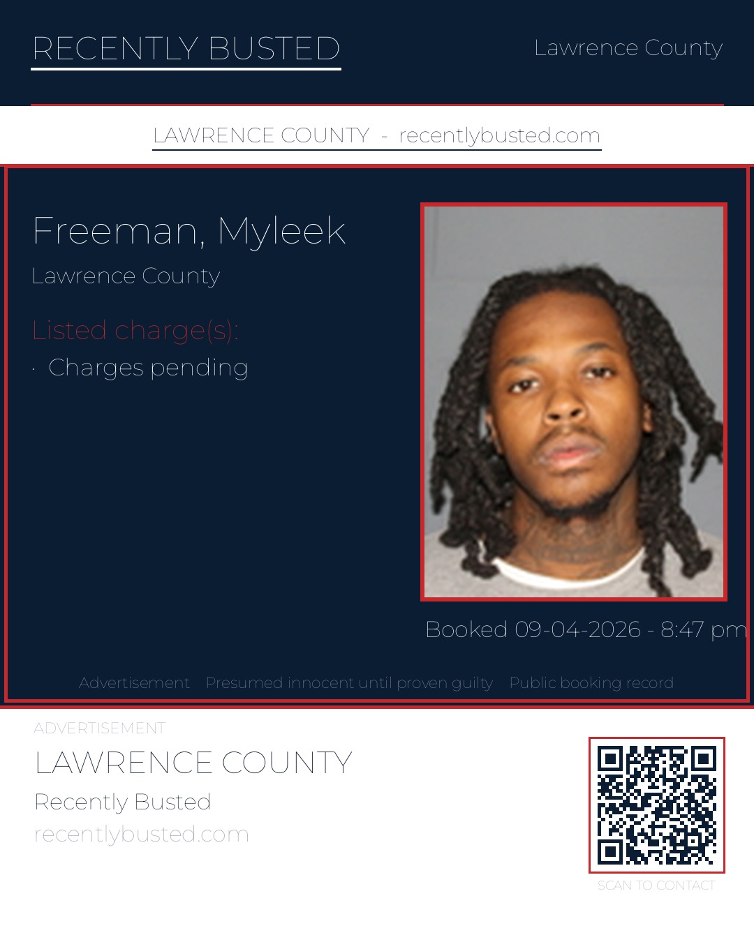 FREEMAN, MYLEEK — arrest record card, Lawrence County