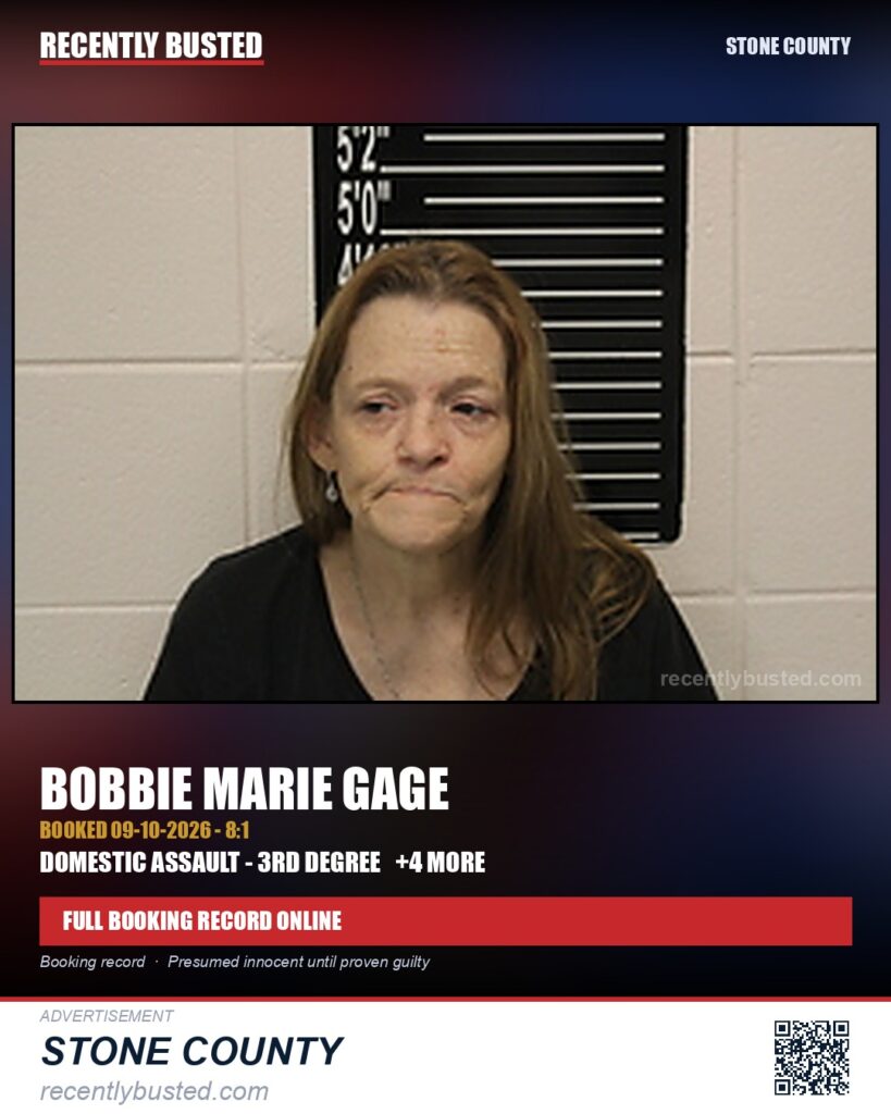 Gage, Bobbie Marie — arrest record card, Stone County