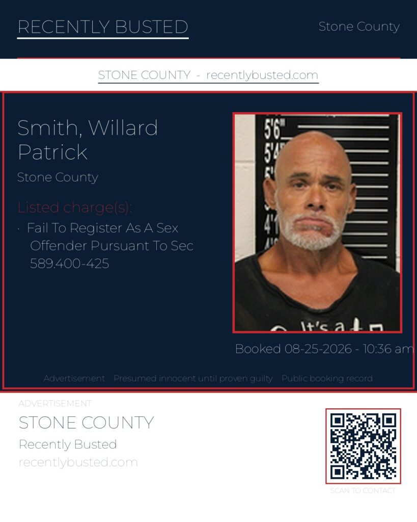 Smith, Willard Patrick — arrest record card, Stone County