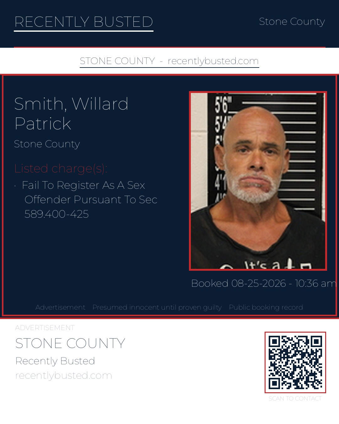 Smith, Willard Patrick — arrest record card, Stone County