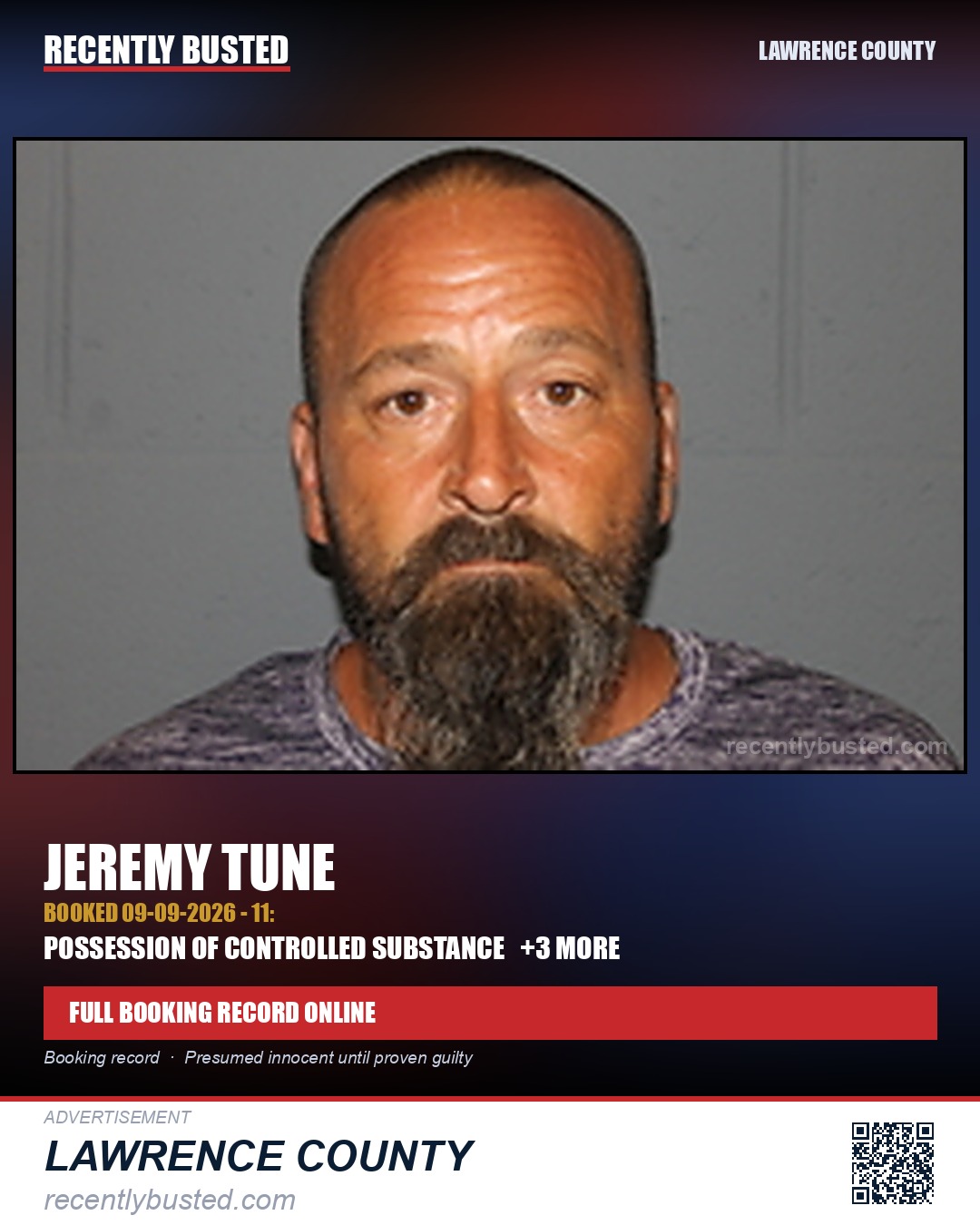 TUNE, JEREMY — arrest record card, Lawrence County