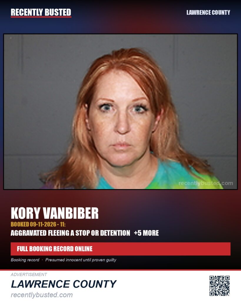 VANBIBER, KORY — arrest record card, Lawrence County