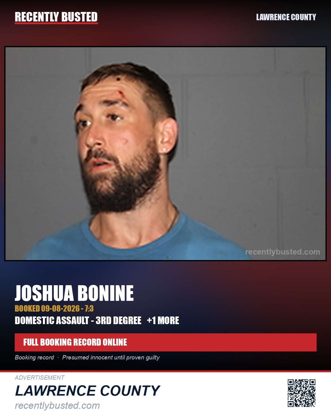 BONINE, JOSHUA — arrest record card, Lawrence County