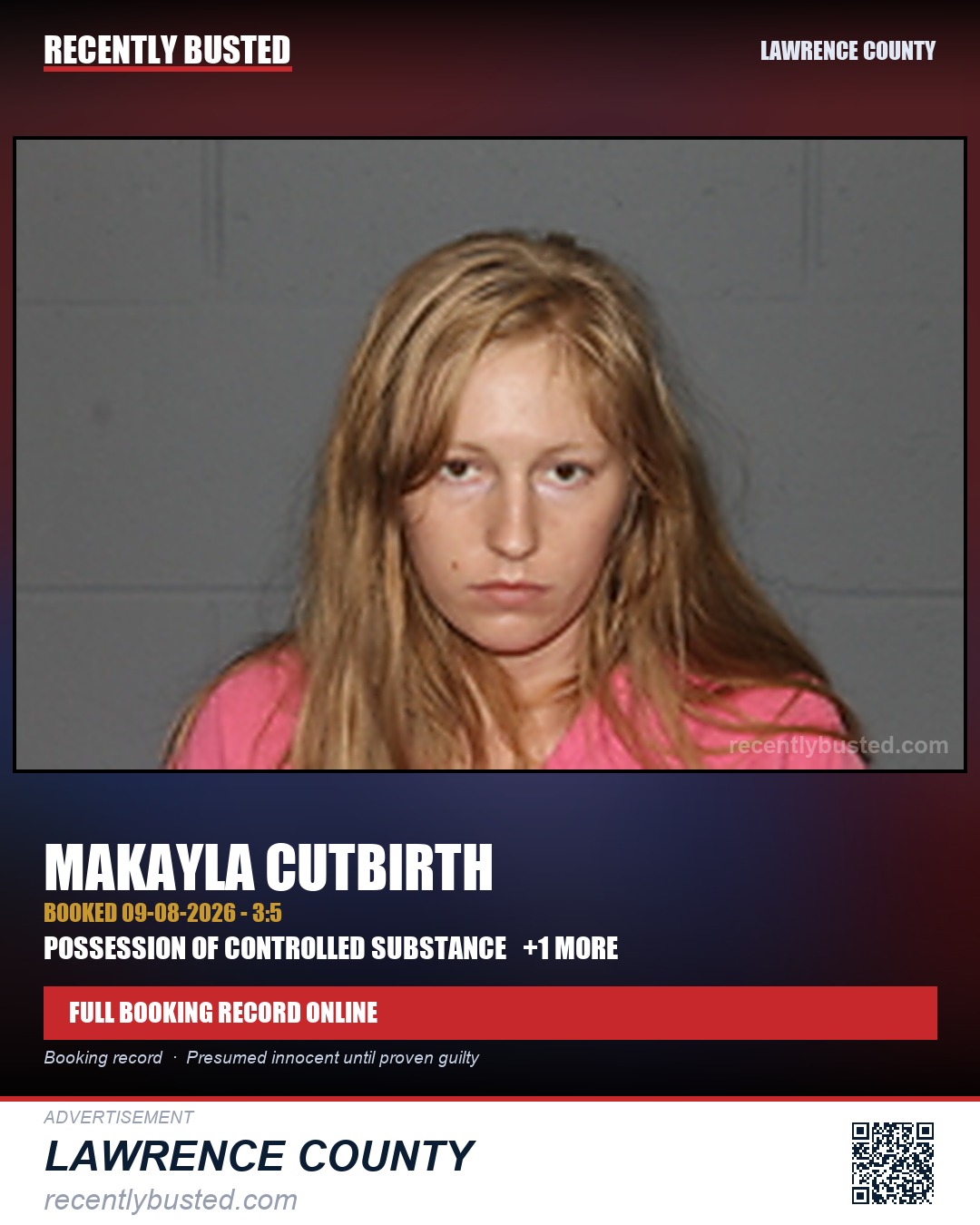 CUTBIRTH, MAKAYLA — arrest record card, Lawrence County