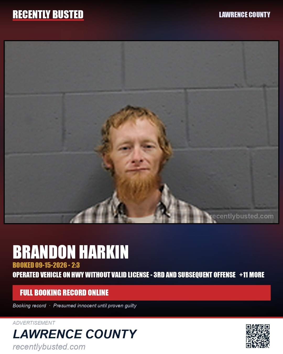 HARKIN, BRANDON — arrest record card, Lawrence County