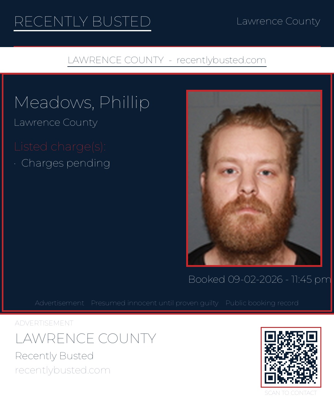 MEADOWS, PHILLIP — arrest record card, Lawrence County