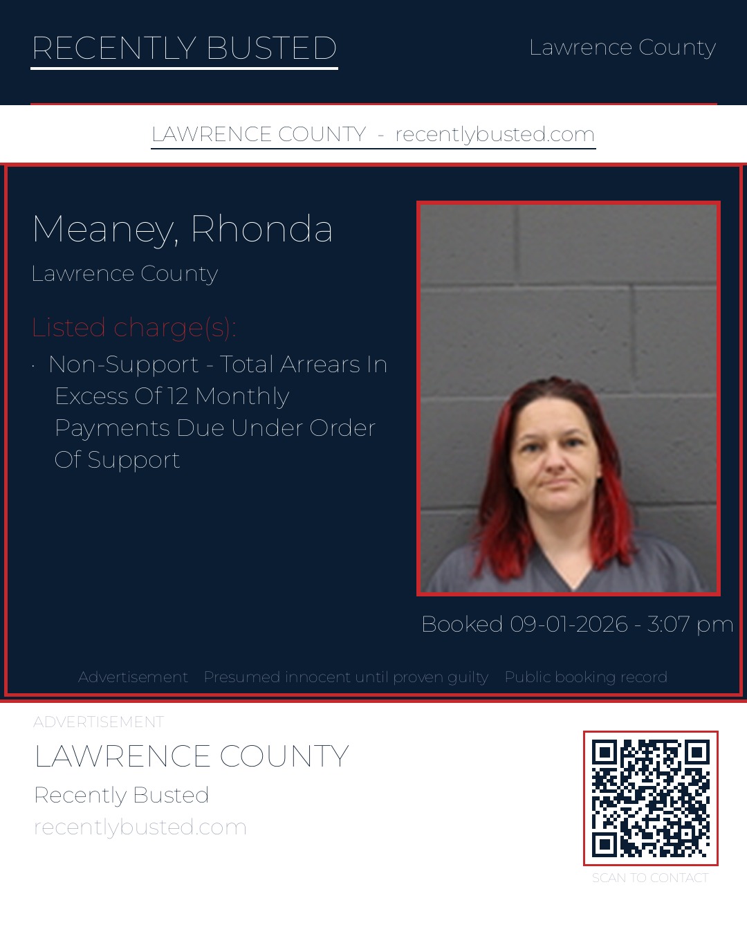 MEANEY, RHONDA — arrest record card, Lawrence County