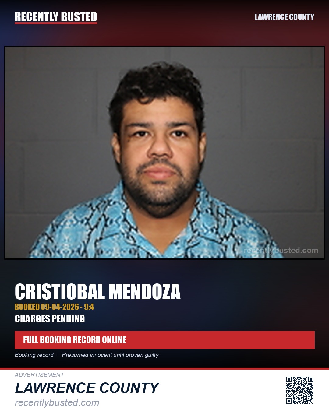 MENDOZA, CRISTIOBAL — arrest record card, Lawrence County