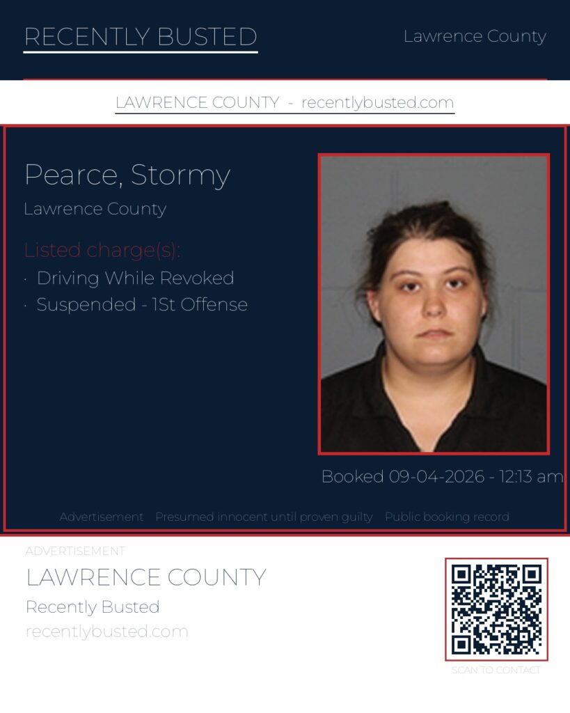 PEARCE, STORMY — arrest record card, Lawrence County