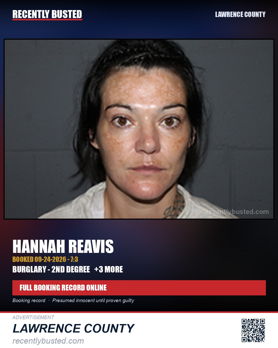 REAVIS, HANNAH — arrest record card, Lawrence County