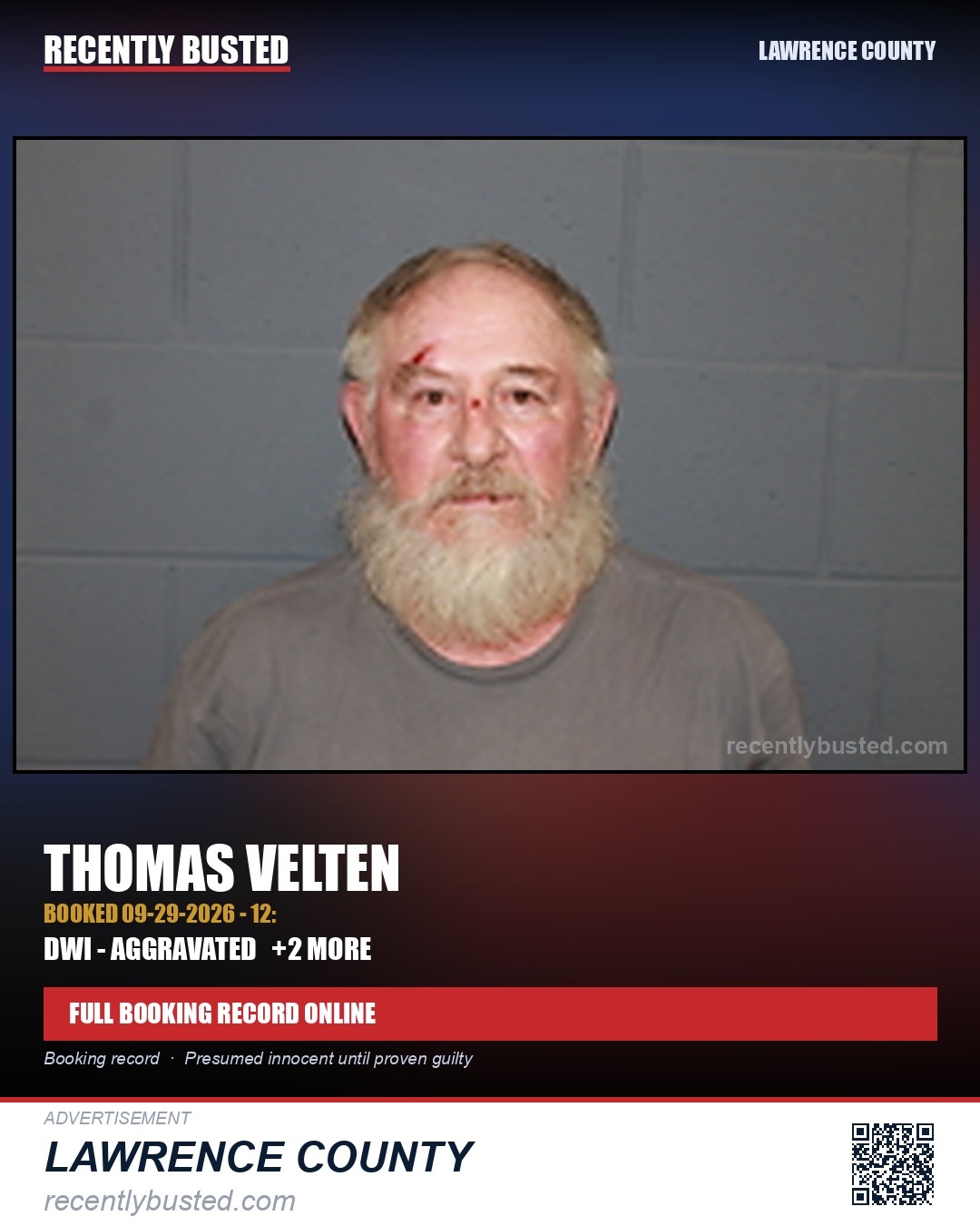 VELTEN, THOMAS — arrest record card, Lawrence County