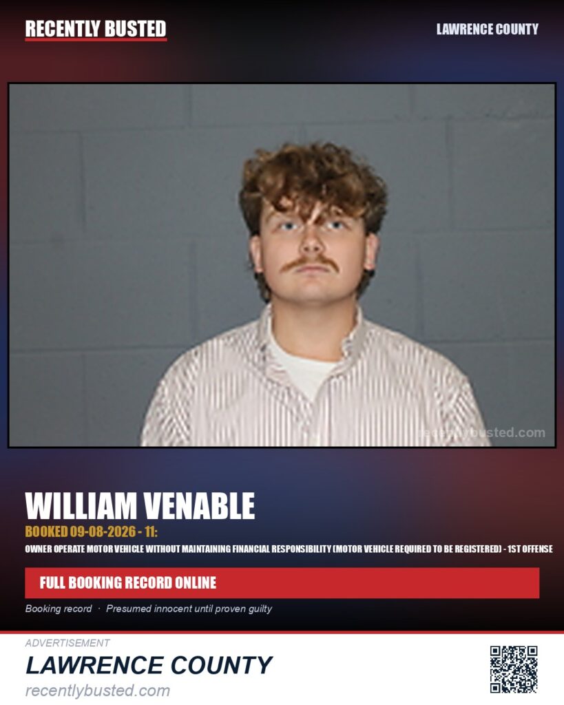 VENABLE, WILLIAM — arrest record card, Lawrence County